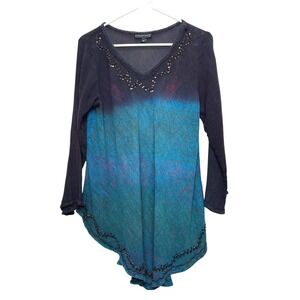 Greater Good Tie Dye Beaded Tunic Top Women L Rayon bohemian 90s art teacher
